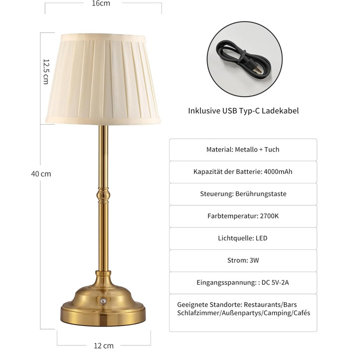 Світлодіодна настільна лампа бездротова, димована вінтажна нічна лампа, ретро акумуляторна лампа 4000mAh, для дому, бару, вітальні (Золото + Бежевий абажур)