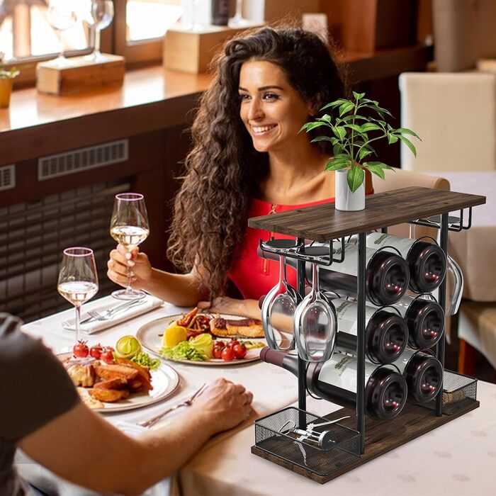 VyGrow Wine Rack with 3 Tiers, Wood and Metal, Easy to Assemble, for 6 Bottles and 4 Glasses at Home, 16 x 41 x 40.2 cm