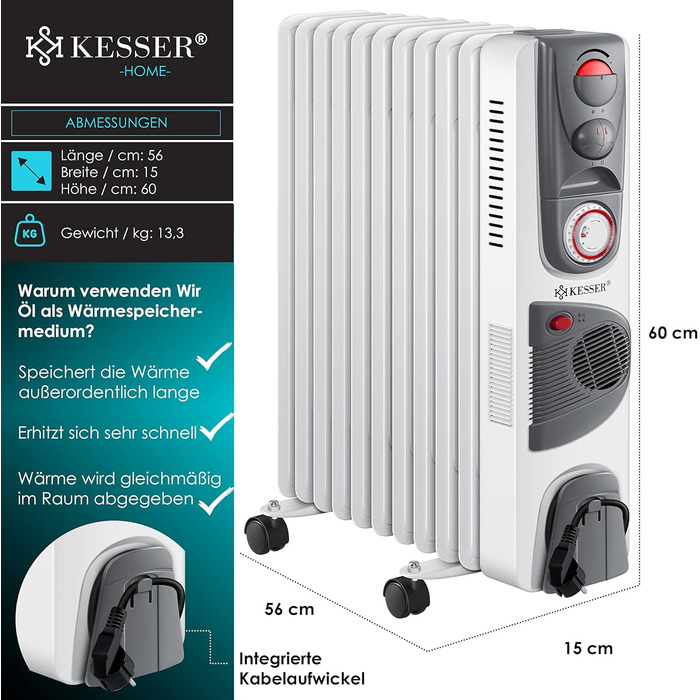 Електричний масляний радіатор KESSER® 2500W з вентилятором, 11 ребер, білий. Масляний обігрівач з таймером, регулюванням температури та захистом від перегріву.