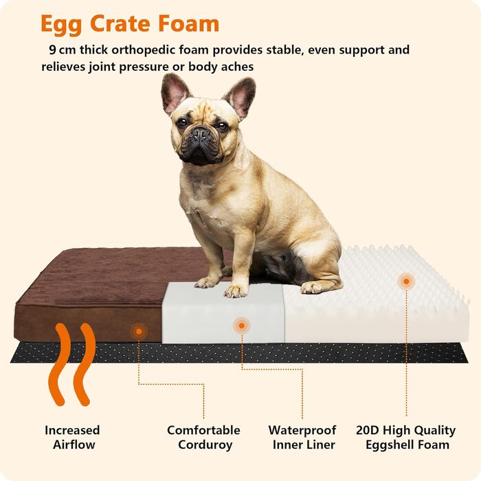 HMTOPE Orthopedic Dog Bed, 10cm Thick Dog Cushion for Medium and Large Dogs, Removable and Washable Dog Mat, Non-Slip Bottom, Waterproof Inner Lining, 112 cm, (L 91 x W 56 x H 9 cm, Brown)