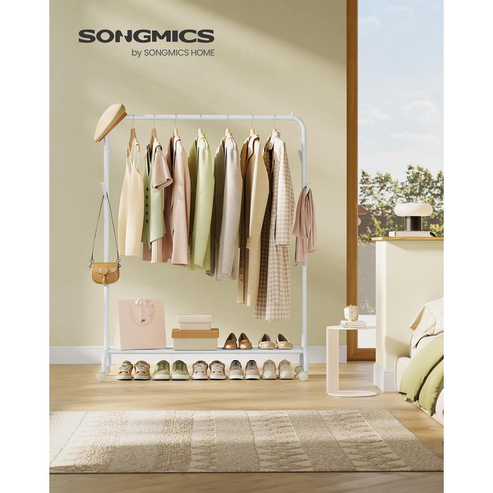 SONGMICS Вішалка для одягу на колесах, металева, біла, до 50 кг, 103,5 см, HSR131W01 Wolkenweiß