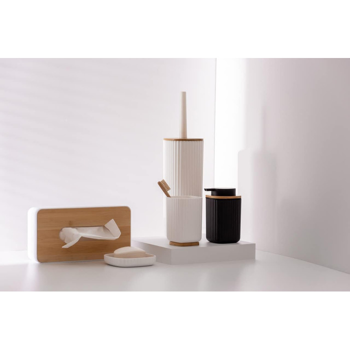 Набір для туалету WENKO Rotello: щітка та тримач з бамбуковим кришкою, білий/натуральний, Ø 10 x 36 см