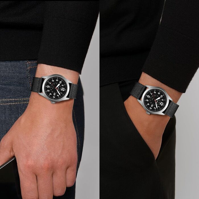 Годинник чоловічий LN LENQIN Military 30M водостійкий з датою, кварцовий, тактичний, на текстильному ремінці (чорний/сріблястий)