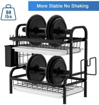 Сушарка для посуду Astoryou 2-ярусна, чорна, з підставкою для столових приборів, з нержавіючої сталі (42x23x41 см)