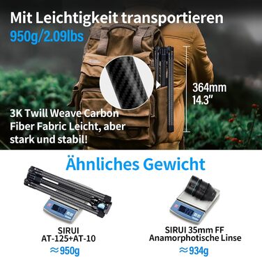 Штатив SIRUI Traveler X Carbon з Fluid-головкою та Quick-Twist системою для Arca Swiss, Ultraleichtes Reisestativ для DSLR/Відеозйомки, реверсивна центральна колона, 0.95kg