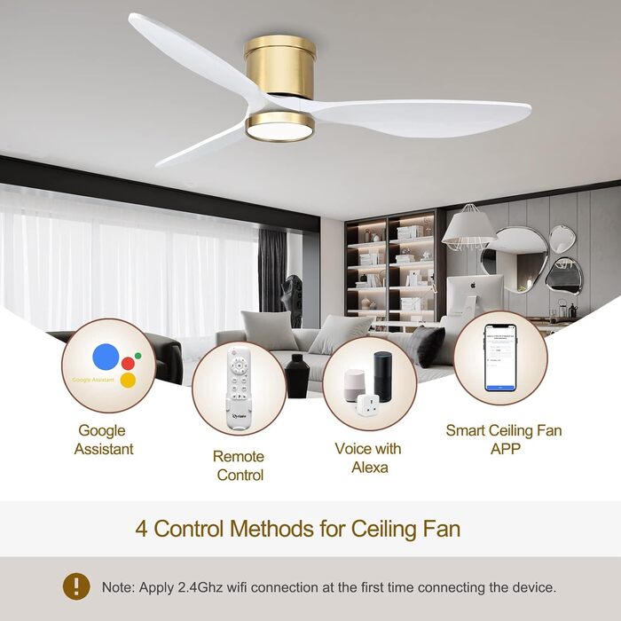 Стеляний вентилятор Ovlaim з підсвічуванням, пультом керування, DC мотор, 3 лопаті, 132 см (натуральний & сріблястий)