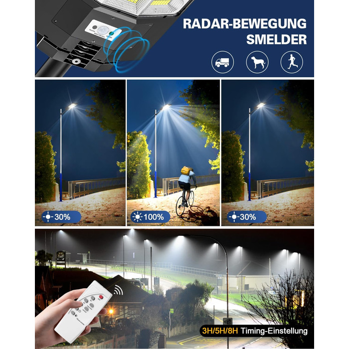 Вуличний сонячний LED світильник Sararoom 1000W з датчиком руху, 864LED, 6500K, IP65, з пультом, для саду, тераси, гаража, газону