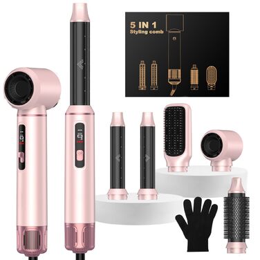 OKWRAP Haarstyler 5 в 1: Airbrush, фен, локони, випрямляч. Набір для створення зачісок (рожевий)