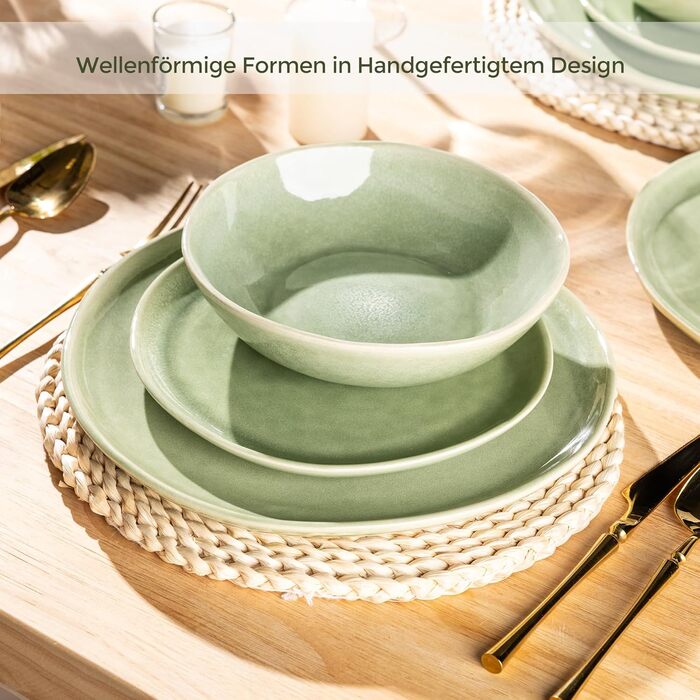Набір глибоких тарілок GBhome з каменю 22см (24 шт.) - для супу, пасти, 6 персон, стійкі до подряпин, сумісні з мийкою та мікрохвильовкою, колір: спокійний зелений