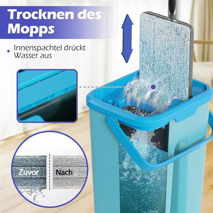 Набір для миття підлоги з відром, вичавлювач для швабри, 2 в 1, швабра-моп з регульованою ручкою з нержавіючої сталі та 6 мікрофібрових насадок, підходить для плитки та ламінату (швабра з відром: блакитний + синій)