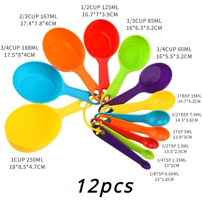 12-Piece Baking Tool Set for the Kitchen, Measuring Spoons, Plastic Measuring Cups with Scale, Measuring Cup for Milk, Coffee Spoons, Kitchen Utensils