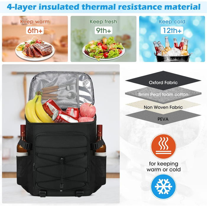 NUBILY 30L Insulated Cooler Backpack - Waterproof Cooler Bag Backpack - Large Insulated Cooler Bag - Thermo Lunch Bag for Camping, Outdoor Activities, Travel, BBQ, Hiking - Black