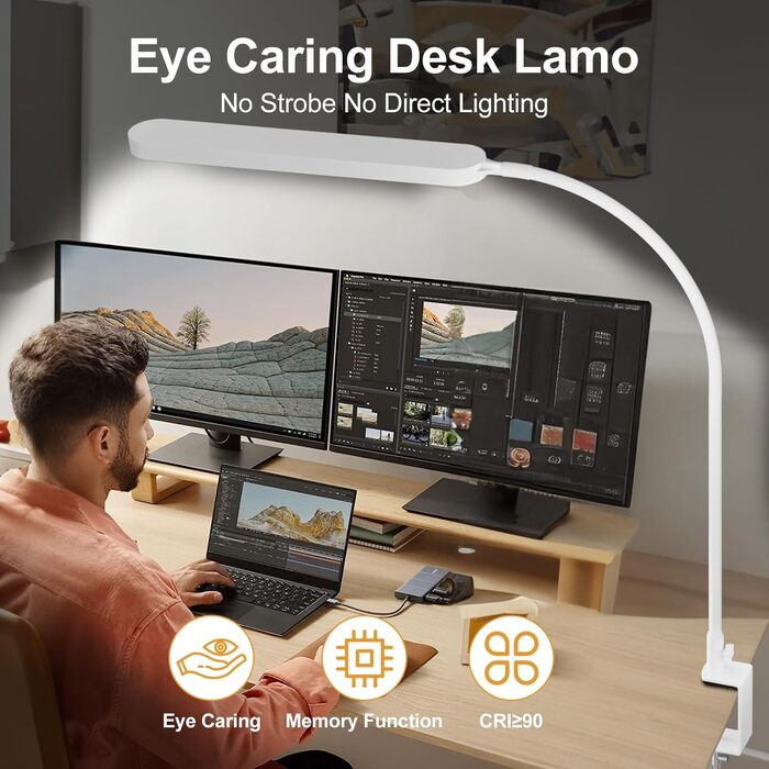 SKYLEO LED Desk Lamp with Adjustable Gooseneck - 80cm Height, 5 Color Modes, 11 Brightness Levels, Timer & Memory Function, 12W, Clamp-On Design