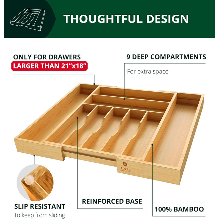Органайзер для кухонних ящиків з бамбука – тримач для столових приборів та кухонного начиння (9 відділень, натуральний колір)