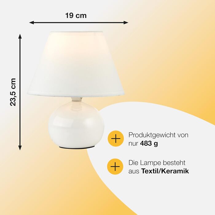BRILLIANT Primo: стильна настільна лампа з тканинним абажуром – маленька лампа для нічного столика, спальні та вітальні – патрон E14 та вимикач – білий