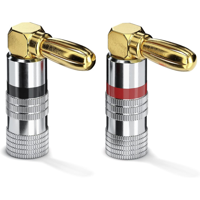 Бананові конектори Sonero® для акустичних кабелів до 6 мм², 4 шт. з кольоровим кодуванням (12x червоний, 12x чорний), 24K позолота (набір 4 шт., кут 90°, Single)