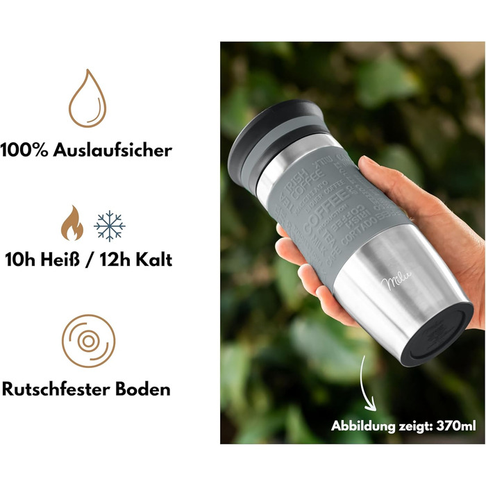 Термокружка Milu 370 мл, 450 мл: сталева, подвійні стінки, для кави з собою, не протікає, автокружка, термокружка, travel mug (сірий)