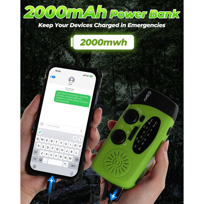 Радіо Esky Kurbelradio AM/FM, водонепроникне, з динамо-машиною, SOS-сигналом, ліхтарем та Power Bank - зелений
