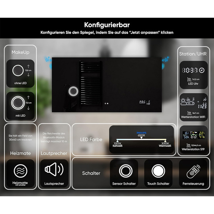 Дзеркало для ванної кімнати Artforma з підсвічуванням, 120x70 см, без рами, сучасний дизайн, виготовлення на замовлення