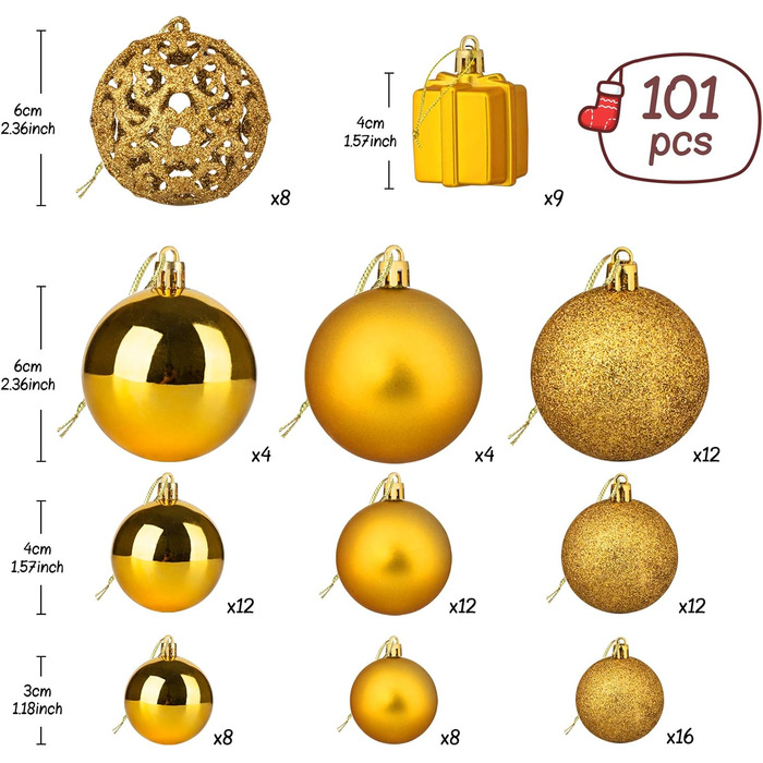 Набір прикрас для ялинки Homewit 105 шт. Золотий, пластикові кулі з гачками, набір ялинкових прикрас