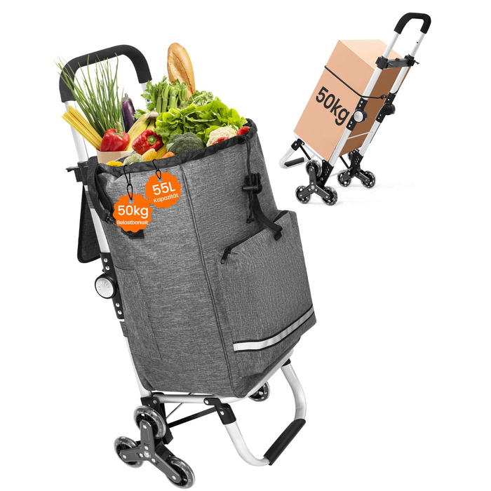 Складаний візок для покупок Homecall 50L з охолодженням, 3-в-1: візок, сумка на колесах, тачка (темно-сірий, сходинкові колеса)