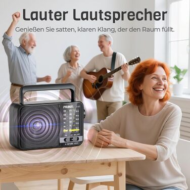 Радіоприймач PRUNUS J-25S FM/AM/SW: Портативне радіо на сонячній батареї з акумулятором 1800mAh, великий динамік, чудовий прийом, просте радіо для літніх людей