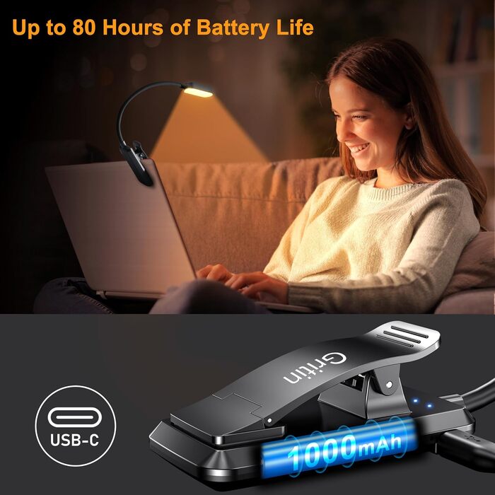 Світлодіодна лампа для читання Gritin з USB-зарядкою, 16 LED, 3 режими температури кольору (білий/бурштиновий/змішаний), регулювання яскравості, гнучкий поворот на 360°, чорна