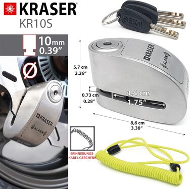 Мотозамок сигналізація KRASER KR10S, 120дБ, подвійний захист, диск-кліп, нержавіюча сталь, Ø10мм, протиугінний замок для мотоцикла, скутера, велосипеда