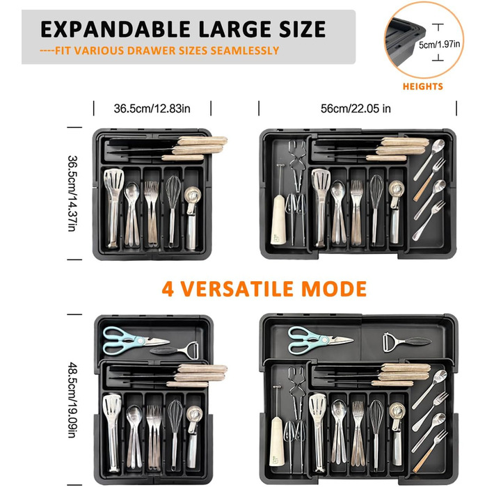 Органайзер для столових приборів ZHUlYIWIN в шухляду, прозорий пластиковий, з регульованими секціями та тримачами для ножів