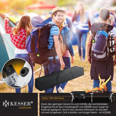 Кемпінгове ліжко KESSER® розкладне з сумкою, ліхтарем та бічною кишенею. Стабільне, металеве, 150 кг, 600D Oxford, 190/210 см, чорне