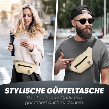 RUVO® Поясна сумка для чоловіків та жінок | Стильна сумка на пояс з 4 відділеннями на блискавці | Підходить для будь-яких активностей (Бежевий)