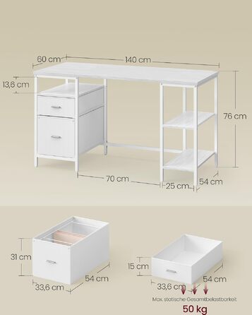Комп'ютерний стіл VASAGLE з 3 полицями та 2 шухлядами, 160 x 60 x 76 см, колір: кленовий білий та хмарний білий