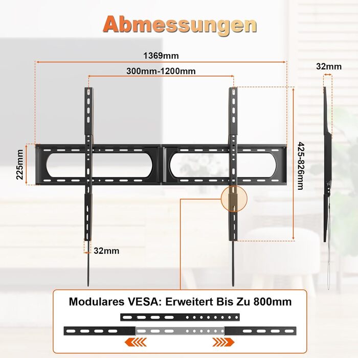 Кронштейн для телевізора Universal Ultra Slim 37-140 дюймів, вантажність до 125 кг, VESA 1200x800, чорний