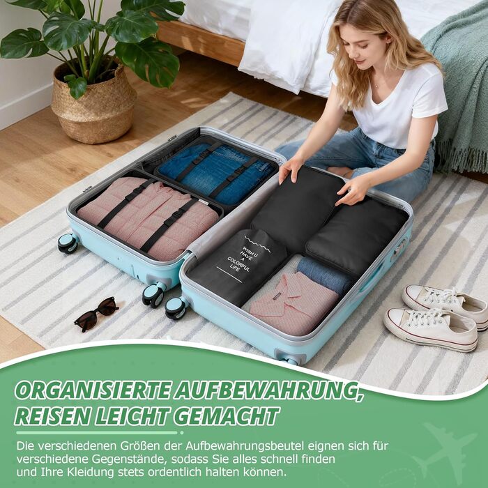 Органайзер для валізи, набір 10 шт: пакувальні куби, водонепроникні мішки для одягу, взуття, косметики, аксесуарів. Чорний колір.