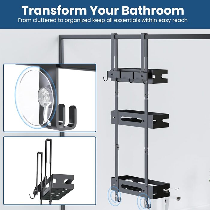 Настінна поличка для душу YEAUPE PRO 3 яруси – органайзер для ванної кімнати без свердління, з 2 присосками, 6 гачками, чорний, до 18 кг