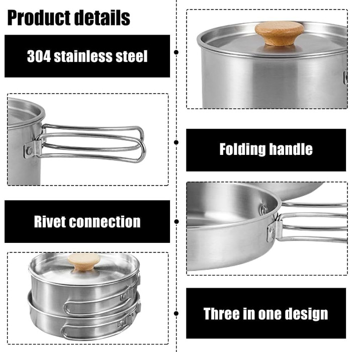 Набір кухонного посуду для кемпінгу Udbrud: нержавіючий посуд з кришкою та складним ручками. Набір для кемпінгу, пікніків, риболовлі та походів