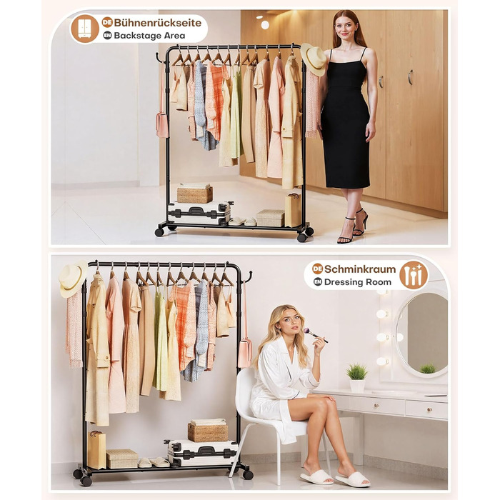 Стійка для одягу на колесах Yorbay: міцна металева вішалка з полицею для багажу. Компактна вішалка для спальні, пральні, магазину (Чорний, 117.5 см)