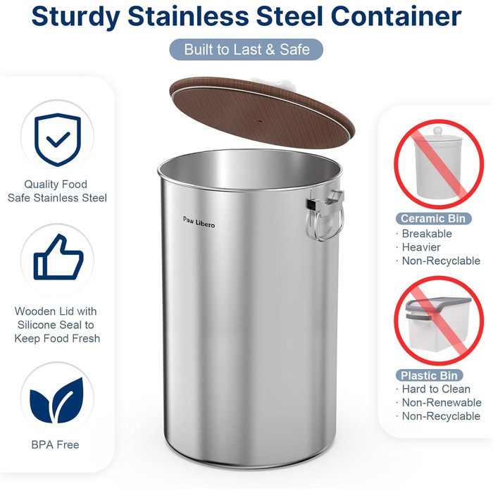 Органайзер для корму для собак 35 lbs з нержавіючої сталі з дерев'яним кришкою та ручкою з кераміки, великий контейнер для корму для собак та котів, зберігає свіжість, легко миється