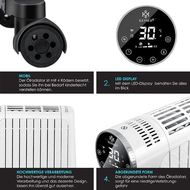 KESSER® Oil Radiator 2500W Electric Heater Radiator Electric Heating System Energy-Saving with Display WiFi App & Remote Control Touchscreen - Mobile Oil Radiator 24h Timer, Thermostat & Overheat Protection White