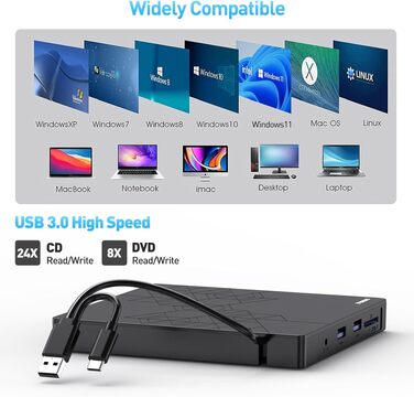 Зовнішній DVD-записувач ORIGBELIE 6 в 1, USB 3.0 CD/DVD ROM +/-RW привід для ноутбука, ПК, Mac OS, Windows 11/10/8/7, Linux