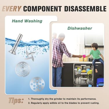 М'ясорубка ручна Huanyu з нержавіючої сталі, насадка для ковбас та печива, миється в посудомийній машині, для яловичини, свинини та овочів (№8)