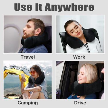 Подушка для шиї у вигляді U, Memory Foam, для подорожей, авто, офісу, дорослі, з маскою для сну та навушниками, чорна