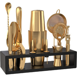 Набір бармена Highball & Chaser з чорним бамбуковим підставкою, шейкери для коктейлів та інструменти, нержавіюча сталь, Boston Shaker, набір бармена з підставкою (античне золото), золотистий, антична оправа