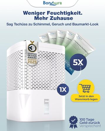 Зволожувач повітря BonAura® без струму до 23 м² | 360° вентиляція | Для дому та квартири | З виливом та 5 гранул по 680г | Захист від плісняви та неприємних запахів