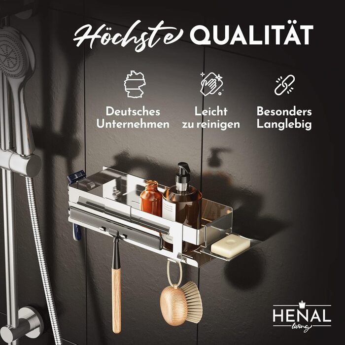 HENAL Shower Shelf SET 5 in 1, High Gloss Stainless Steel Shower Shelf No Drilling Required, Shower Shelf including Razor Holder, Squeegee Holder, Soap Dish & Hook, XXL Bathroom Organizer