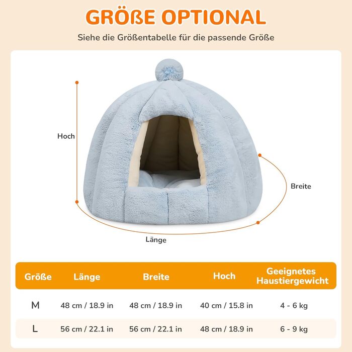 Кішка/Собака, Будинок-Печера ALLSOPETS, Igloo, Зйомний М'який Кисень, Для Маленьких і Середніх Тварин, Глетчер Блакитний, L