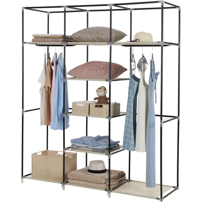 SONGMICS Closet, Clothes Rack, Folding Wardrobe with Clothes Rod, Garment Rack, Storage, Pockets, Shoes, Bedroom, Dressing Room, 45 x 150 x 175 cm, RYG12B (Beige)