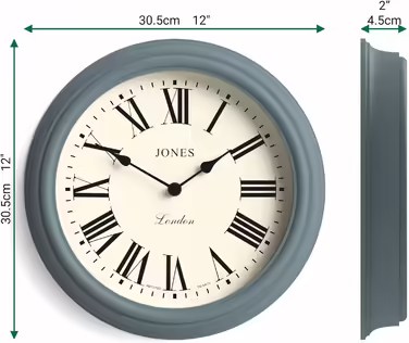 JONES CLOCKS® Venetian Wall Clock | Classic Round | 30cm | Green | Roman Numerals | Traditional design ideal for kitchen, living room or bedroom (Old Boat Blue / Roman Numerals)