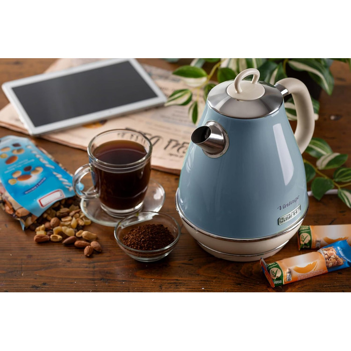 Ariete Vintage Blue Electric Kettle - 1.7L Stainless Steel, 2000W with 360° Swivel Base & Water Level Indicator