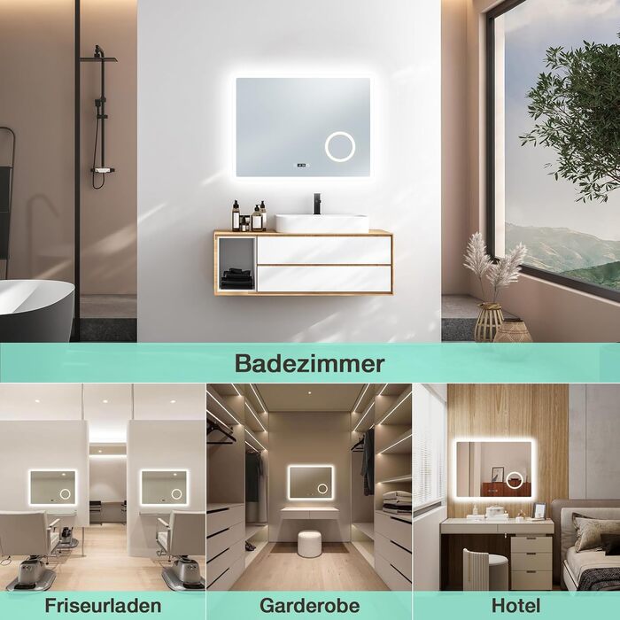 LED дзеркало для ванної кімнати 80x60 см з підсвічуванням, 3 кольори, регулювання яскравості, антизапарник, годинник, 3x збільшення